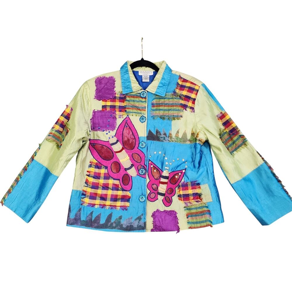 Minnie's Closet Womens Vintage Silk Patchwork Jacket‎ Medium Colorful Butterfly